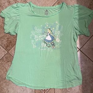 XL Disney Parks Mint green Alice in wonderland shirt with ruffled sleeve.